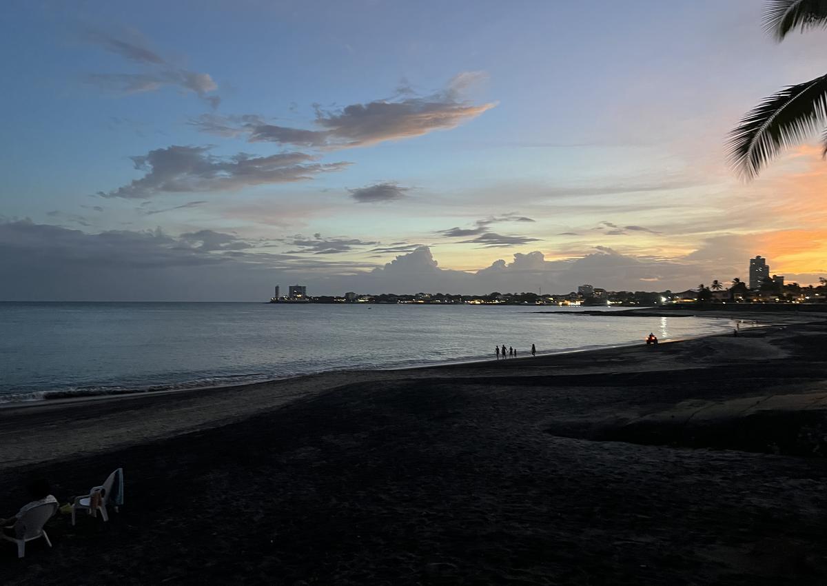 Dusk over a Pacific beach town